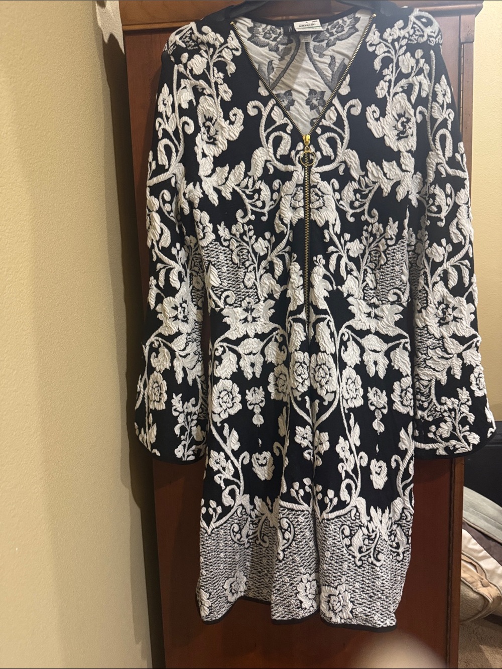 Black and White Embroidered Zip-Front Dress